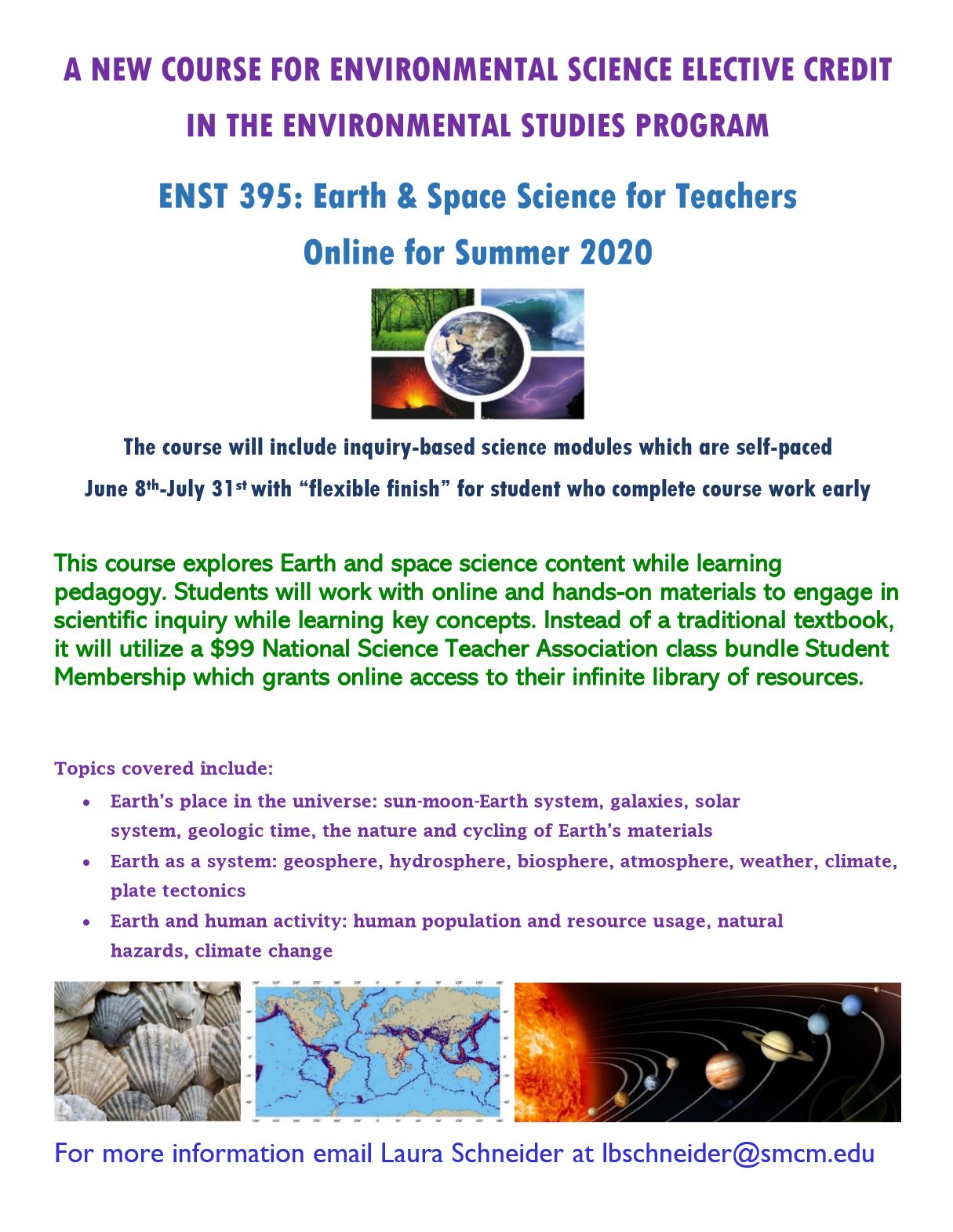 New Course ENST 395/ ENST 790 Earth and Space Science for Teachers St. Marys College of Maryland